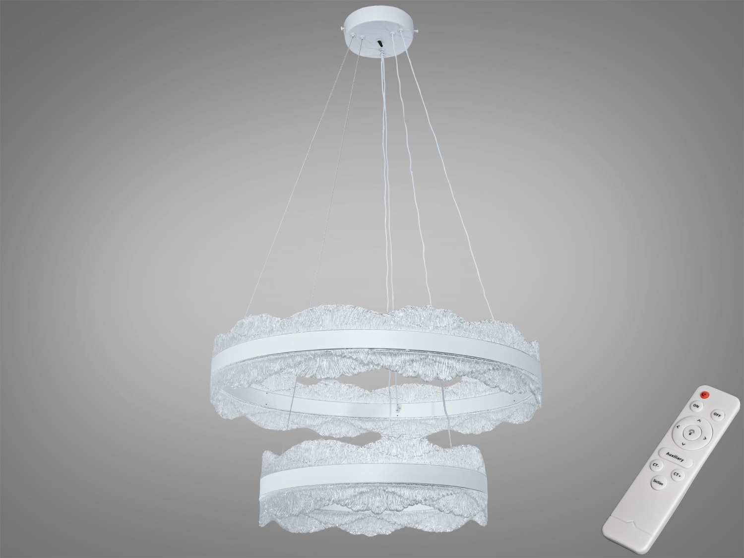 Підвісний світильник з двома кільцями, оснащений дистанційним управлінням. Використовується для сучасних інтер’єрів з високими стелями.