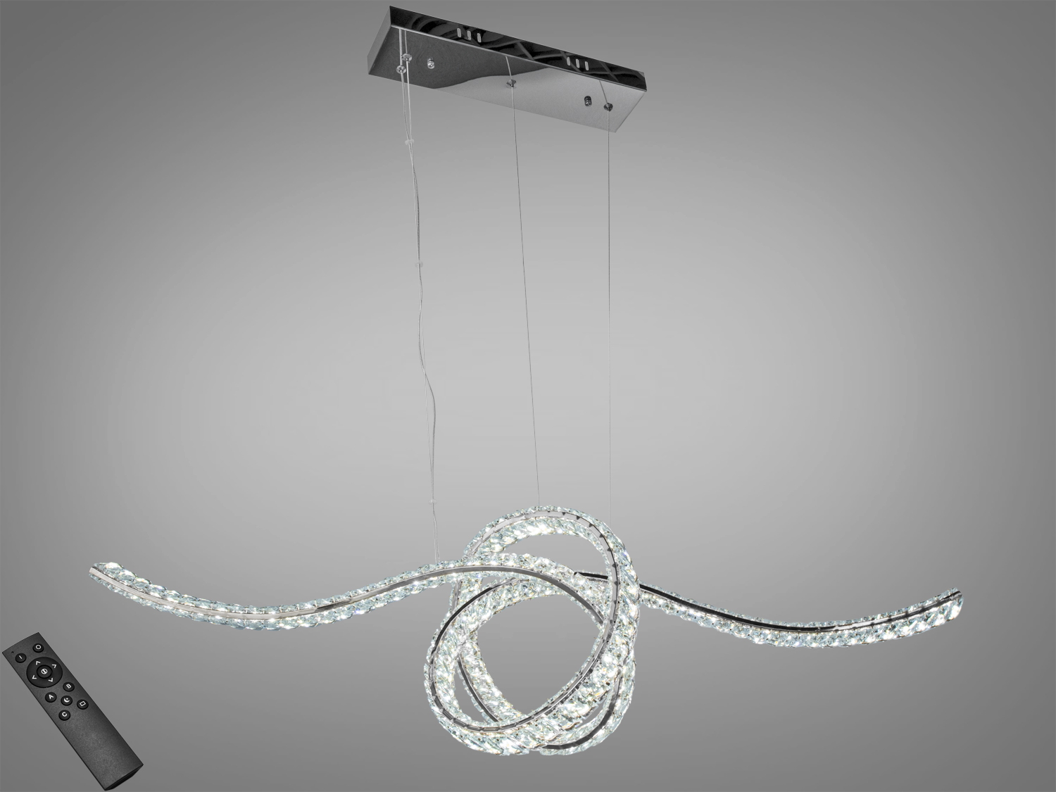 Підвісний світильник складної форми з пультом, виконаний з металу та кришталю. Підходить для сучасних інтер’єрів.