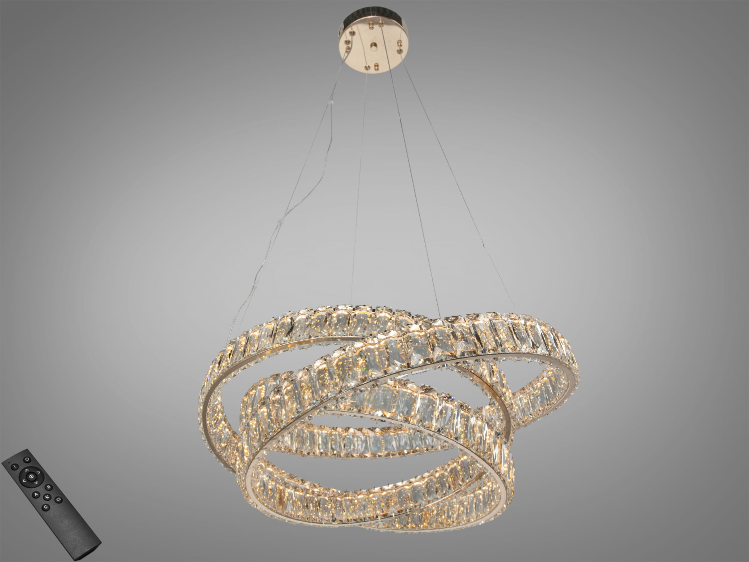 Підвісний світильник з дистанційним керуванням, два кільця з кристалами, ідеальний для сучасного освітлення.