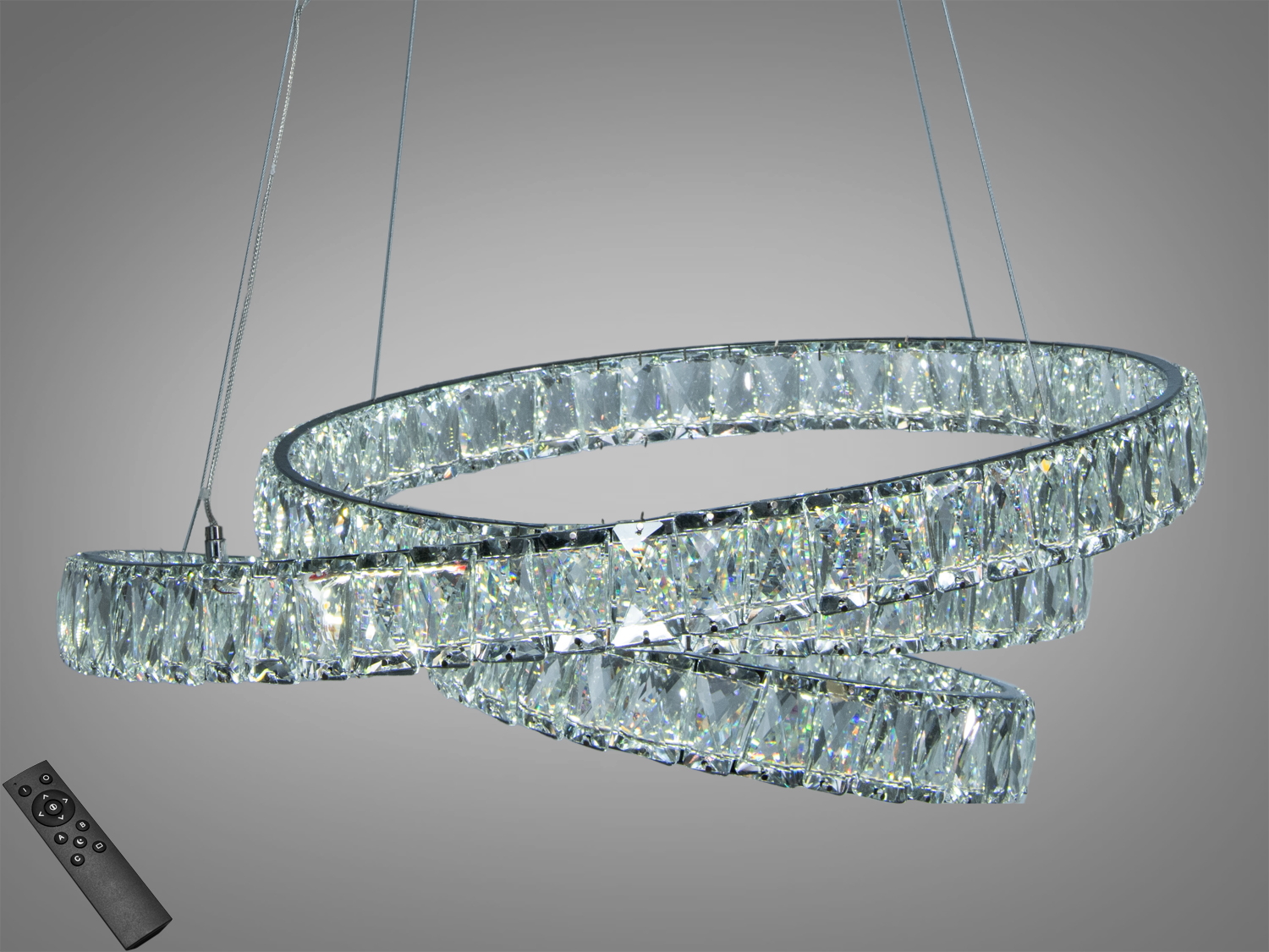 Світильник з кристалами та дистанційним управлінням. Підвісна конструкція з двома кільцями, ідеальна для вітальні.