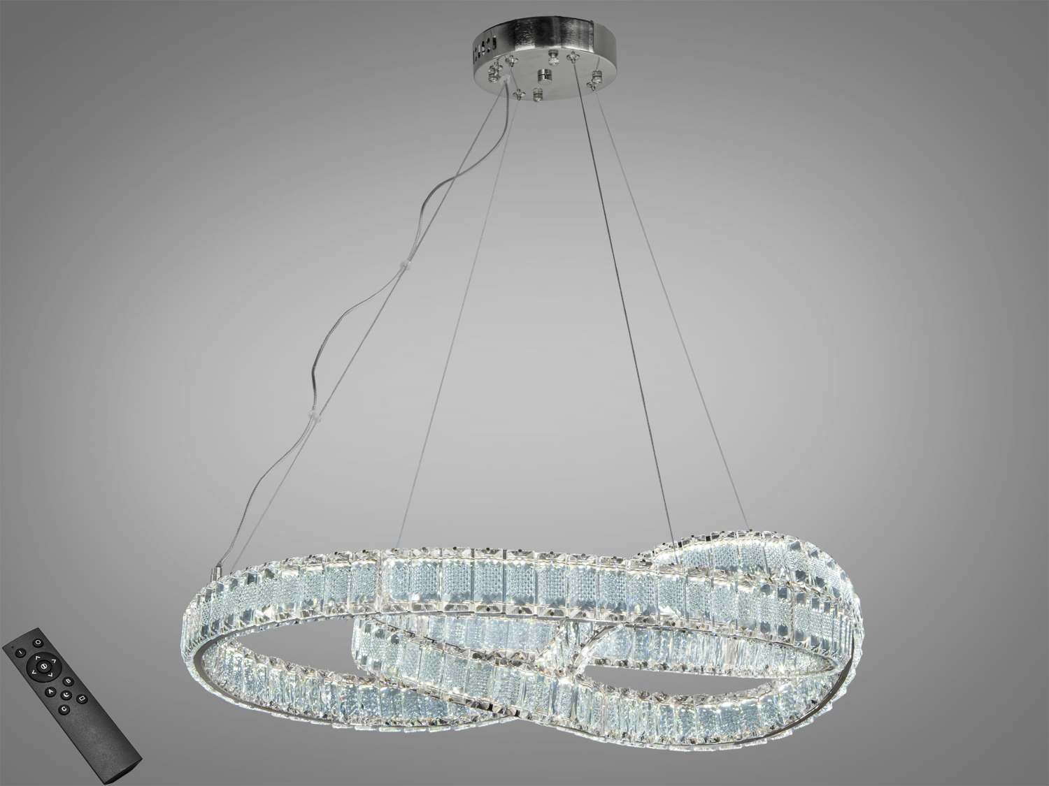 Підвісна люстра з кристалами у формі нескінченності, оснащена пультом дистанційного керування, підходить для сучасних інтер’єрів.