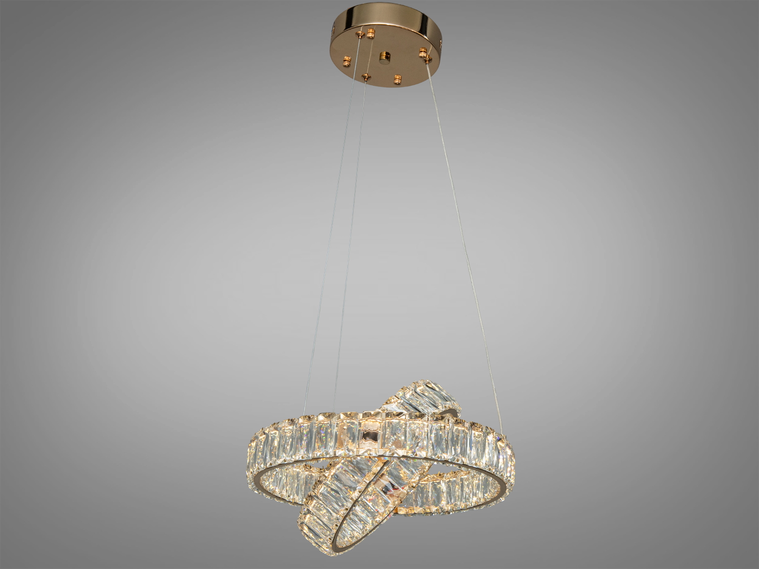 Підвісна LED люстра Diasha 50 Вт з двома кришталевими кільцями в золотому кольорі для кімнат до 10 м² з дистанційним управлінням яскравістю.