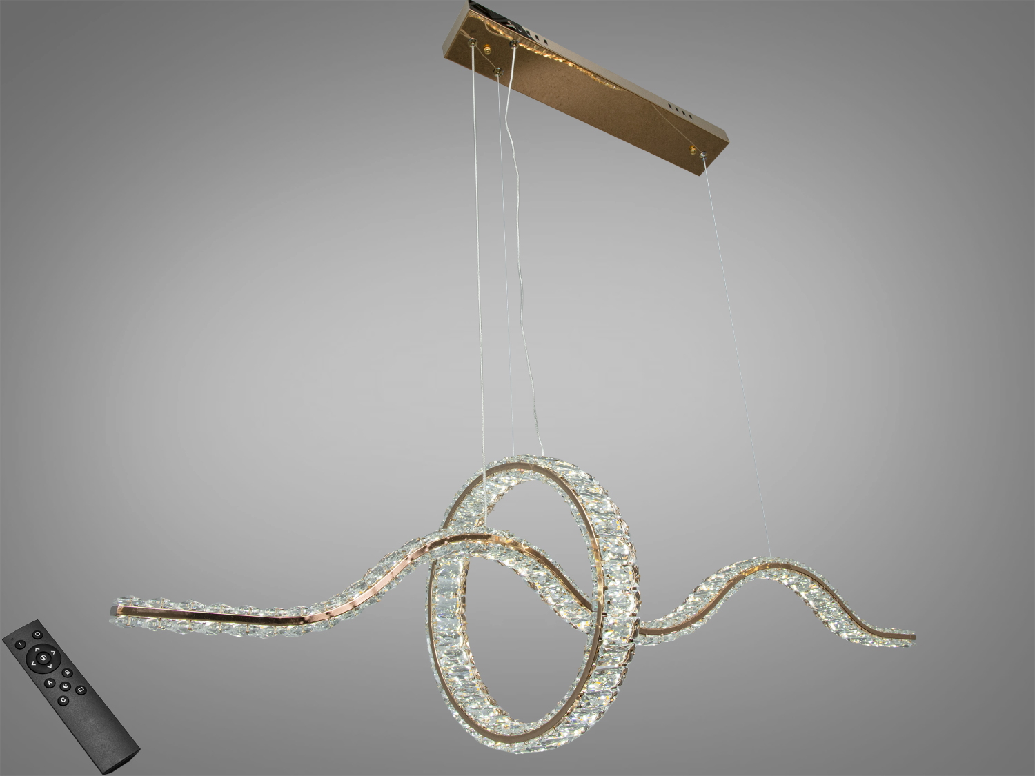 Підвісний світильник з кришталю з хвилястими елементами та пультом дистанційного керування. Підходить для спальні.