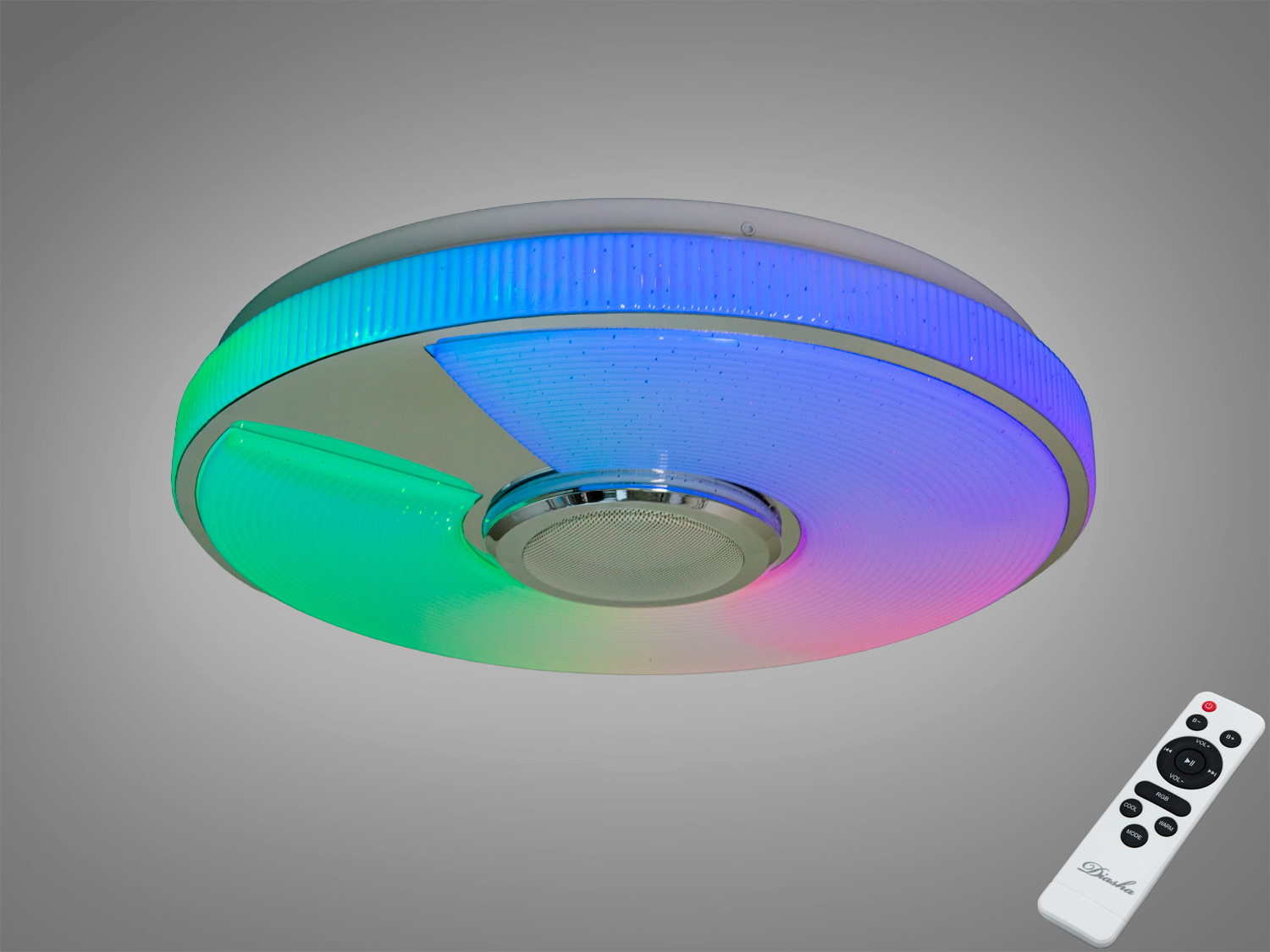 Кругла стельова лампа з кольоровими LED-сегментами, що змінюють відтінки. Пульт дистанційного керування для зручного налаштування світла.