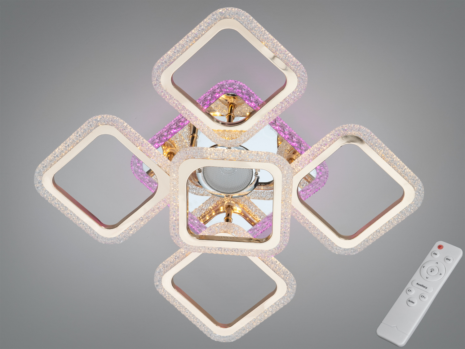 Світильник з пультом, квадратна форма, білий корпус, підходить для вітальні, стельовий монтаж.