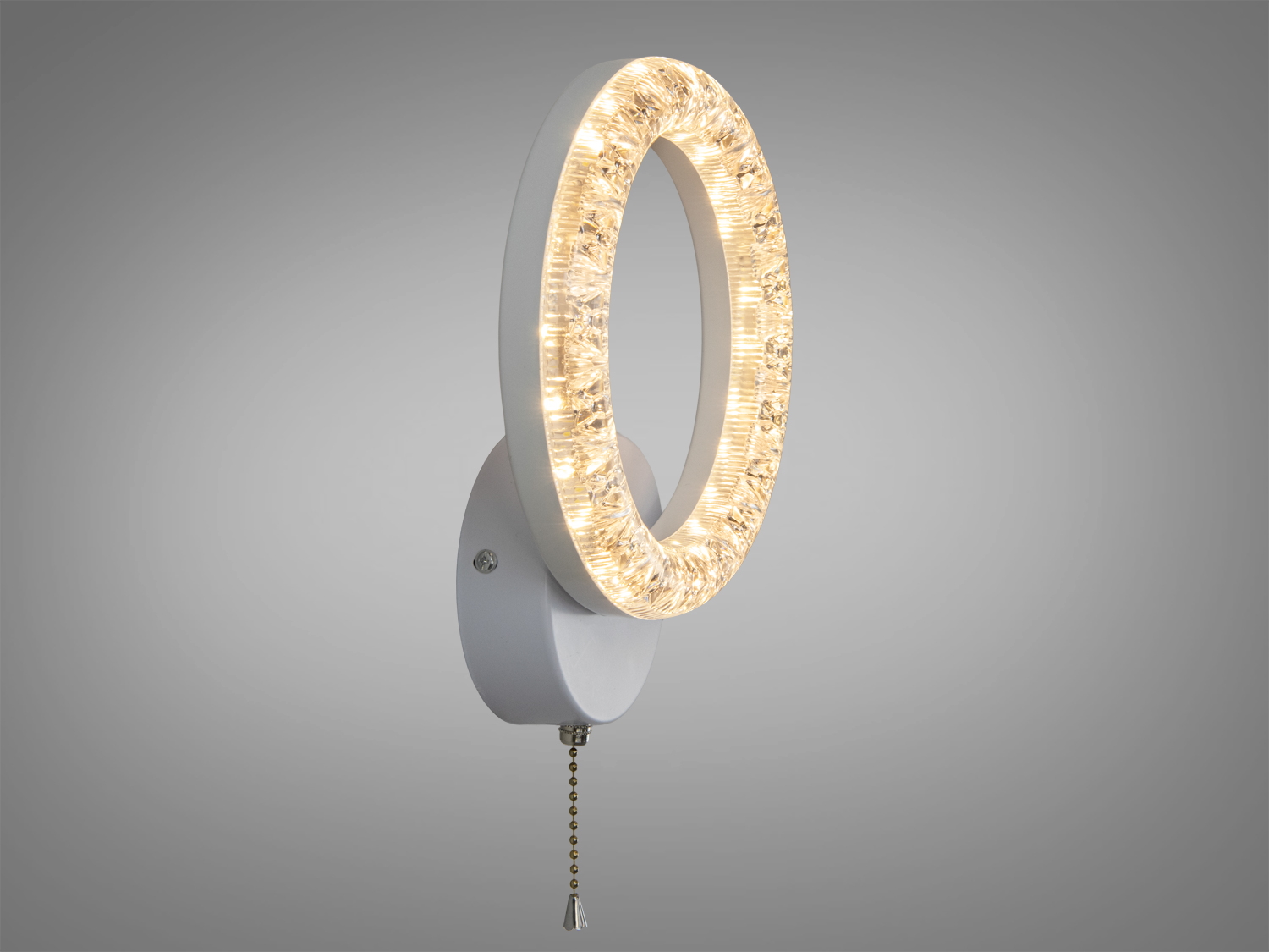 Настінний світильник з теплим жовтим світлом, круглий абажур з кришталю, підходить для затишної атмосфери в кімнаті.