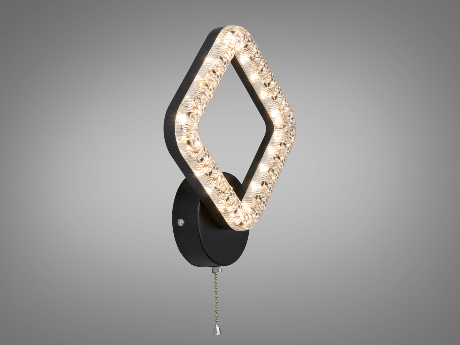 Настінний світильник з ромбічною формою, тепле світло, кристалічний декор. Підходить для спальні. Ланцюжок для зручного ввімкнення.