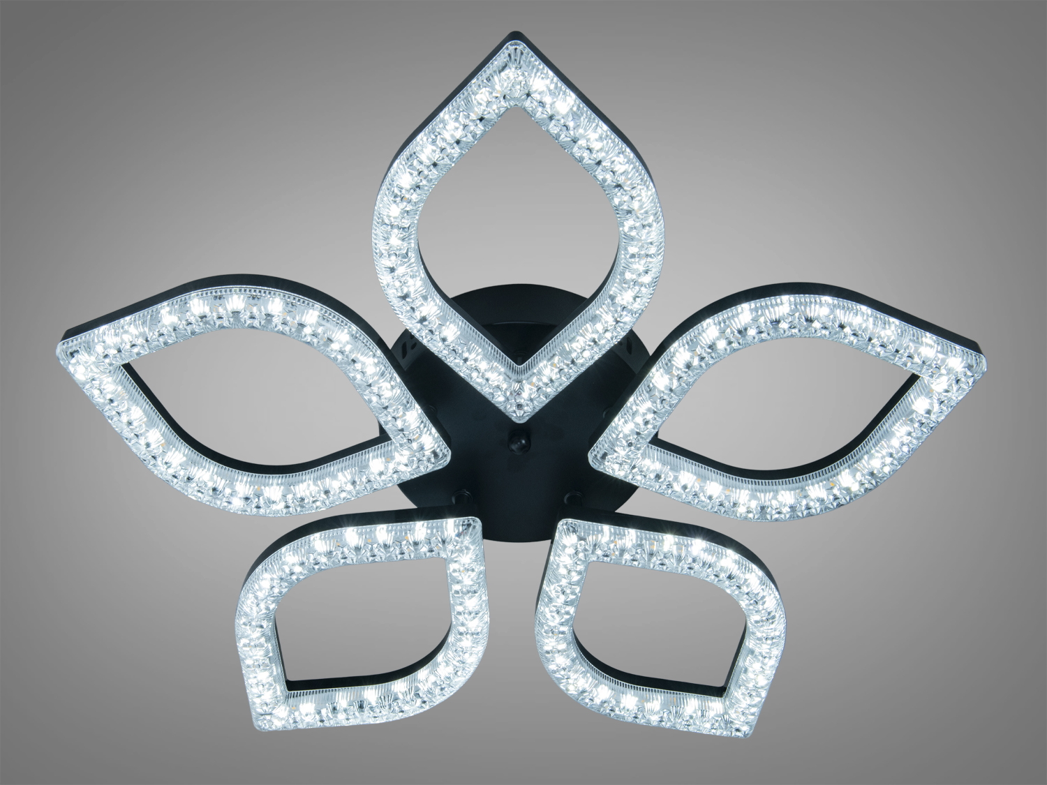 Світильник з п’ятьма LED елементами у формі пелюсток, чорний корпус. Холодне біле світло, призначений для стельового монтажу.