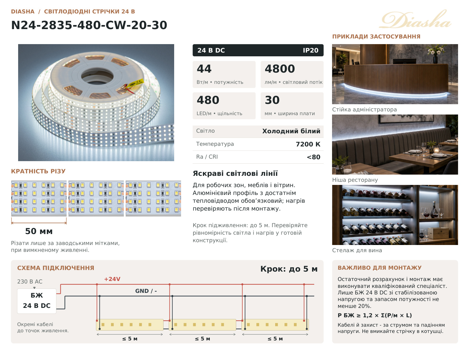 LED стрічка 24В, 480 діодів на метр, 30мм, холодний