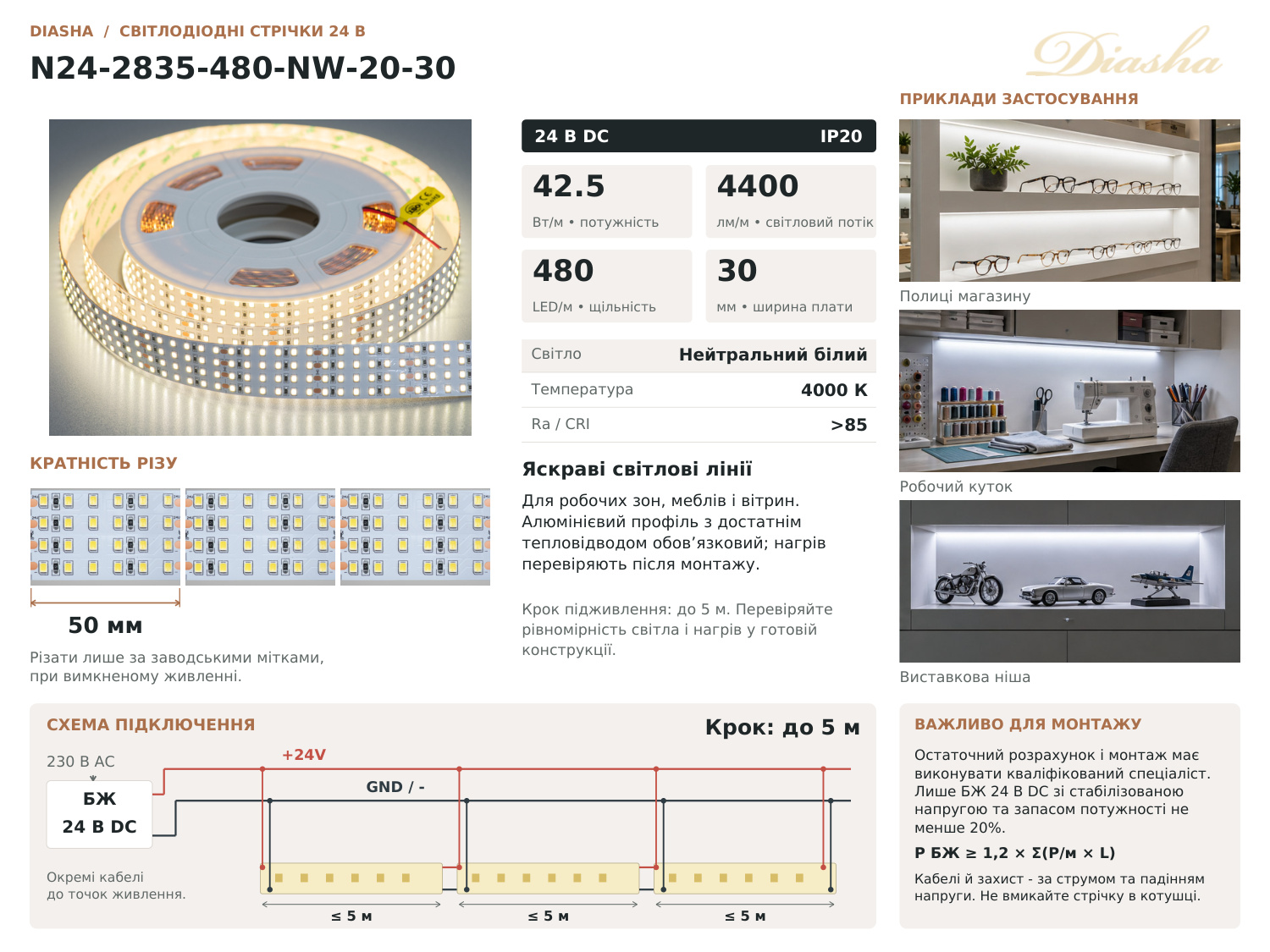 LED стрічка 24В, 480 діодів на метр, 30мм, нейтральний