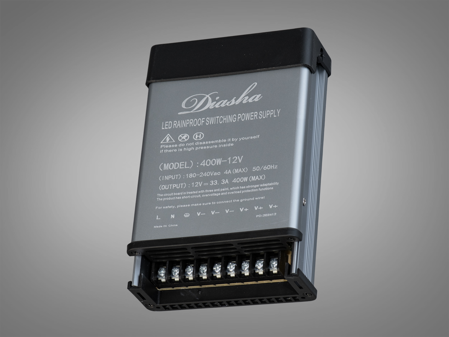 Водонепроникний блок живлення для LED, потужністю 400W, з алюмінієвим корпусом, призначений для зовнішнього монтажу.