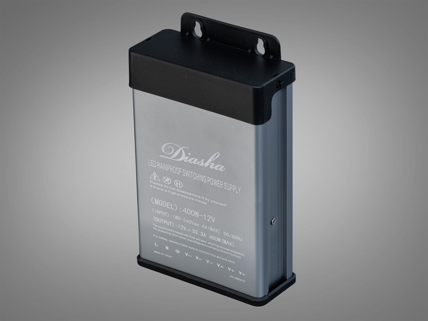 Компактний блок живлення для LED, 400W, з кріпленням для стіни, забезпечує стабільну роботу в умовах підвищеної вологості.