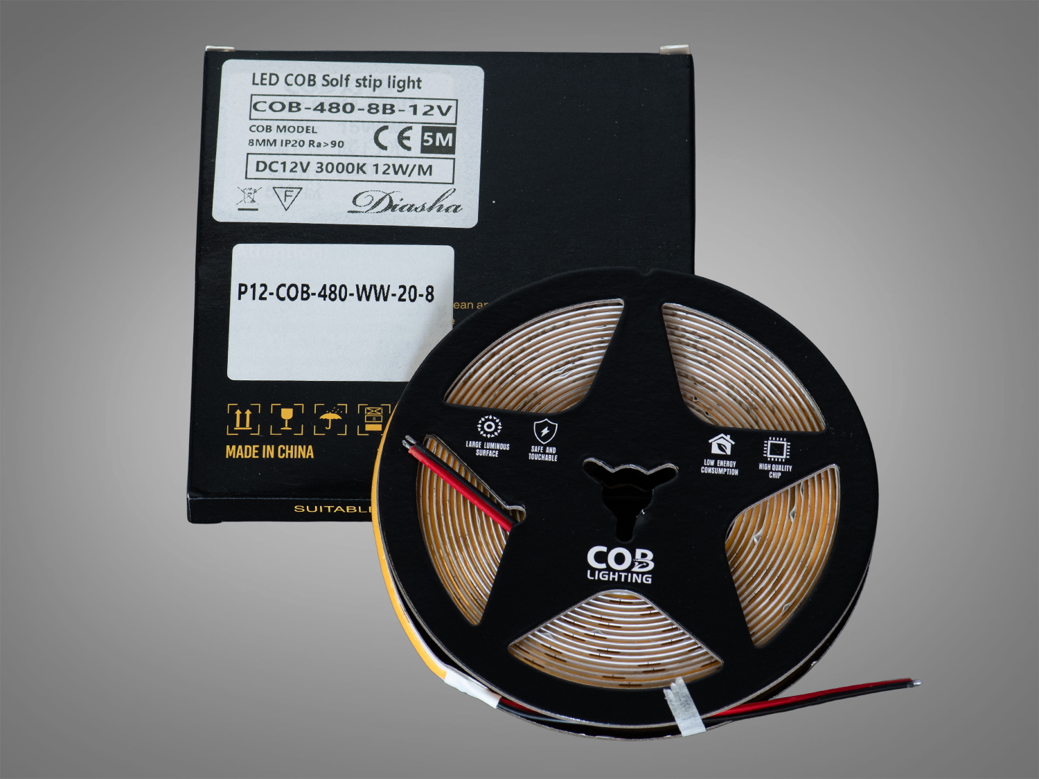 COB LED стрічка 12В, 480 діодів на метр, 8мм, теплий