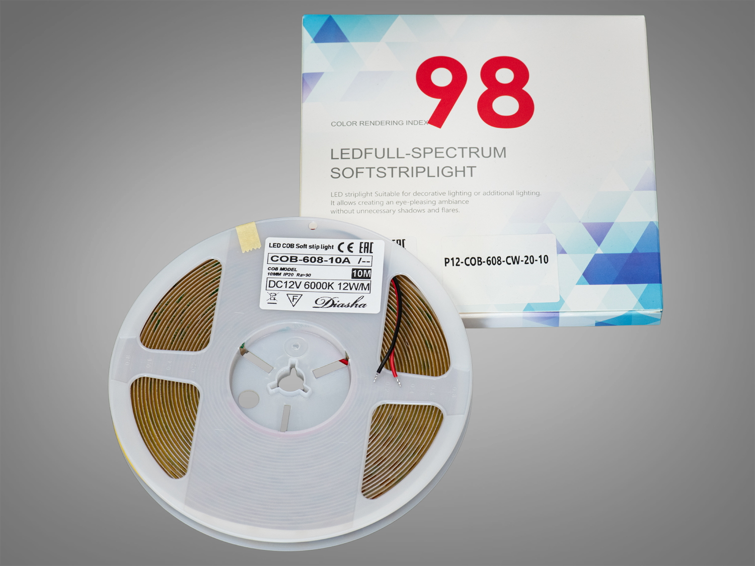 COB LED стрічка 12В, 608 діодів на метр, 10мм, холодний