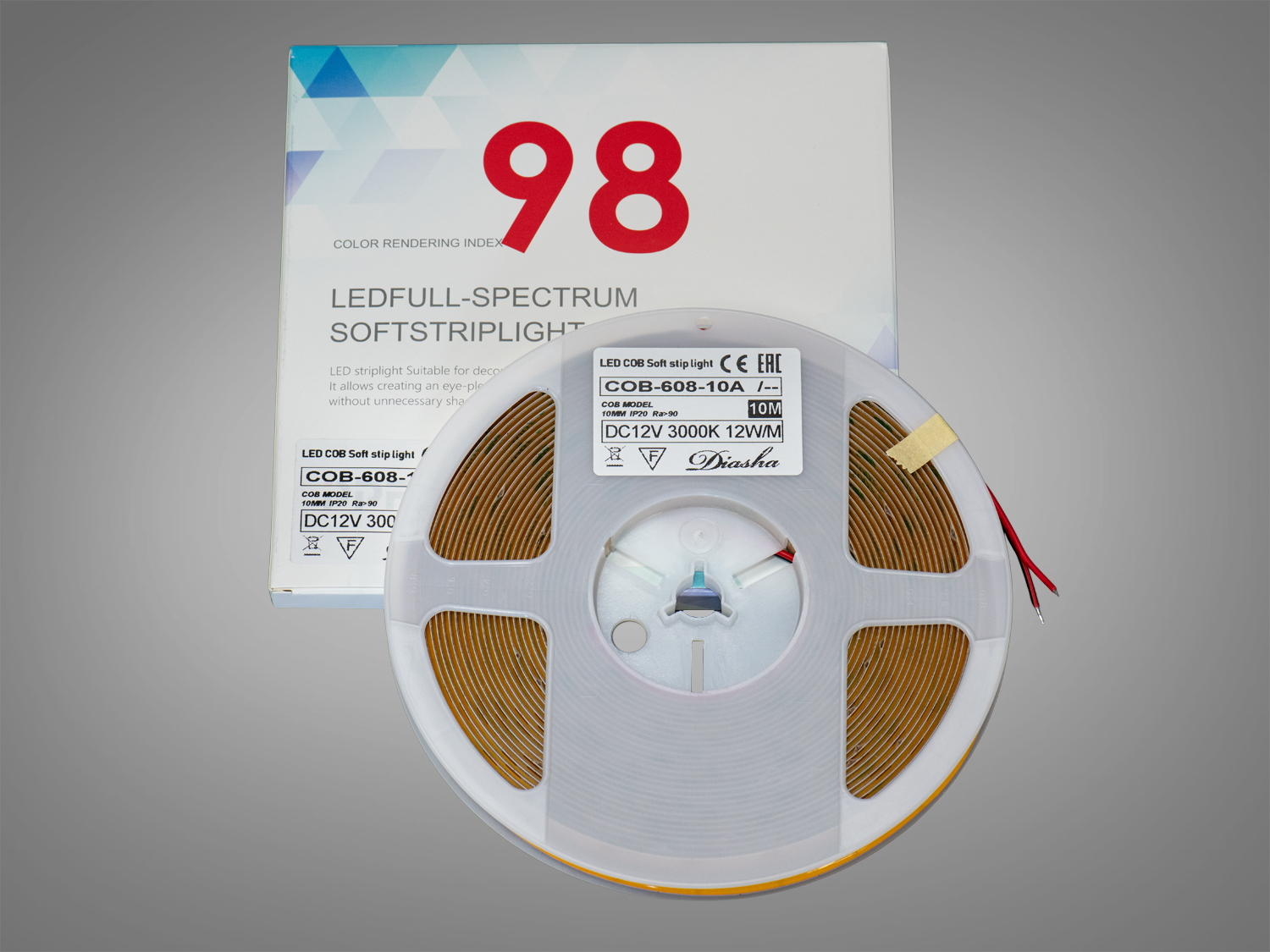 COB LED стрічка 12В, 608 діодів на метр, 10мм, теплий