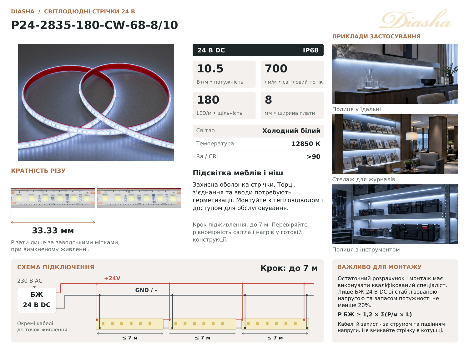 LED стрічка 24В, 180 шт/м, герметична, 8мм, холодний
