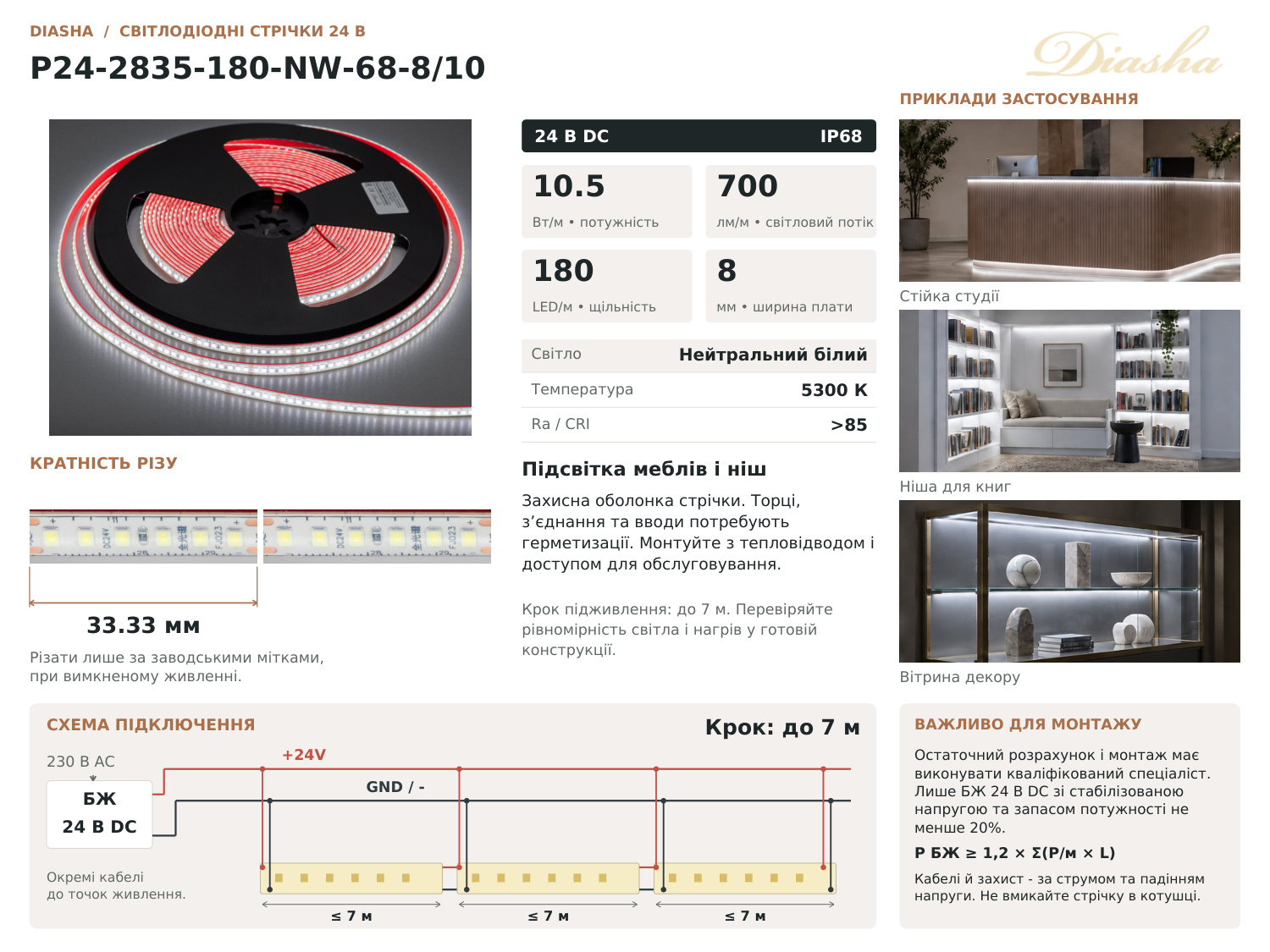 LED стрічка 24В, 180 шт/м, герметична, 8мм, нейтральний