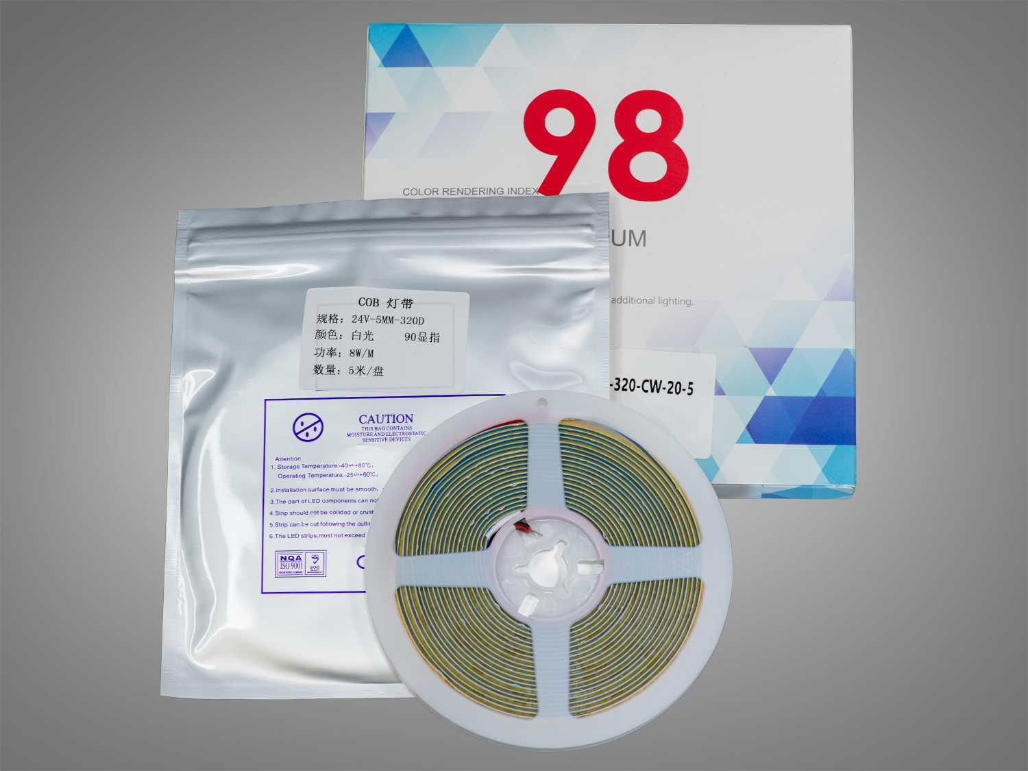COB LED стрічка 24В, 320 діодів на метр, 5мм, холодний