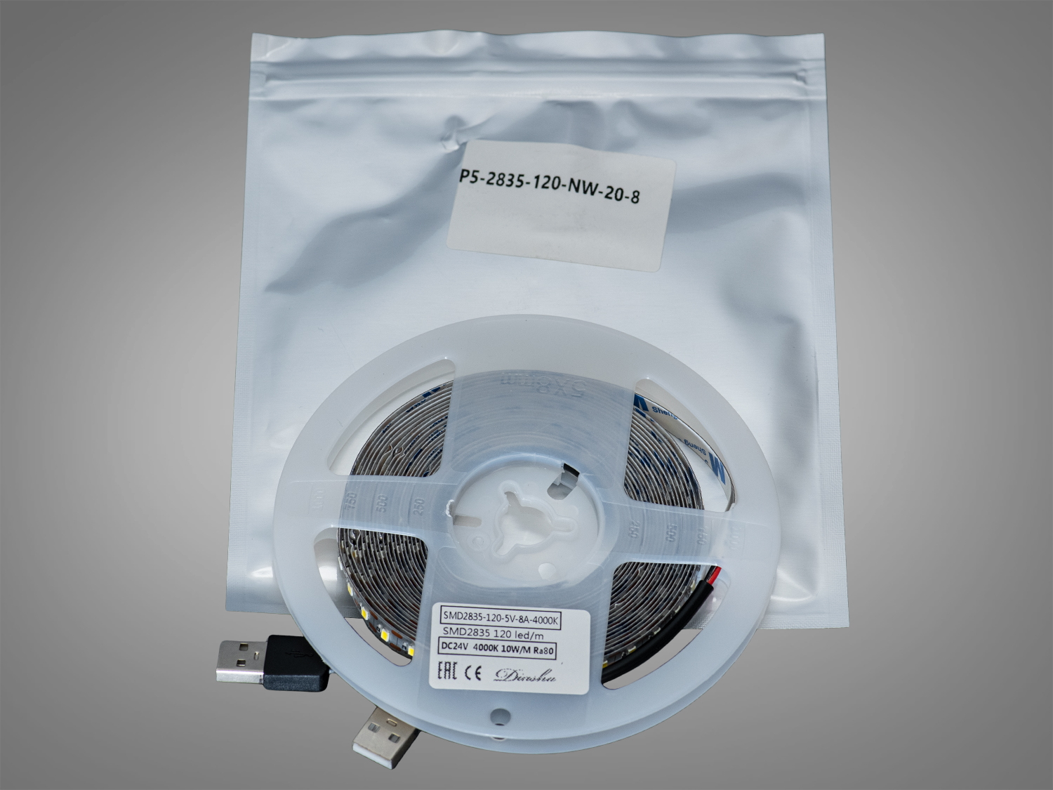 LED стрічка 5В з USB, 120 діодів на метр, 8мм, нейтральний