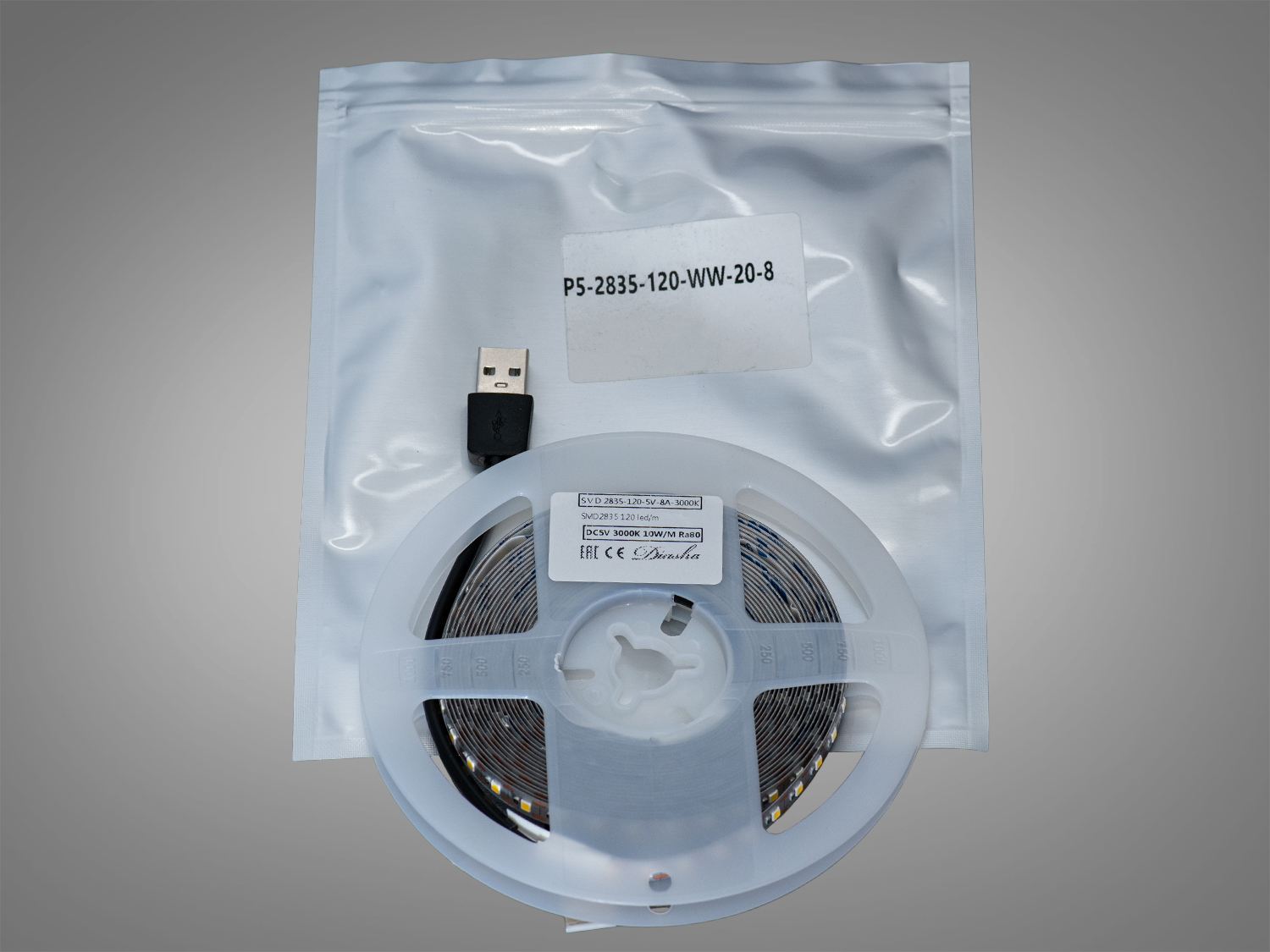 LED стрічка 5В з USB, 120 діодів на метр, 8мм, теплий