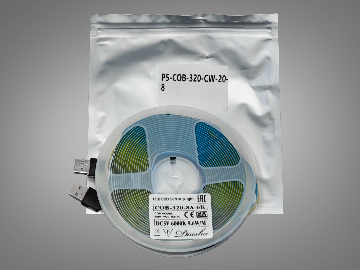 COB LED стрічка 5В з USB, 320 діодів на метр, 8мм, холодний