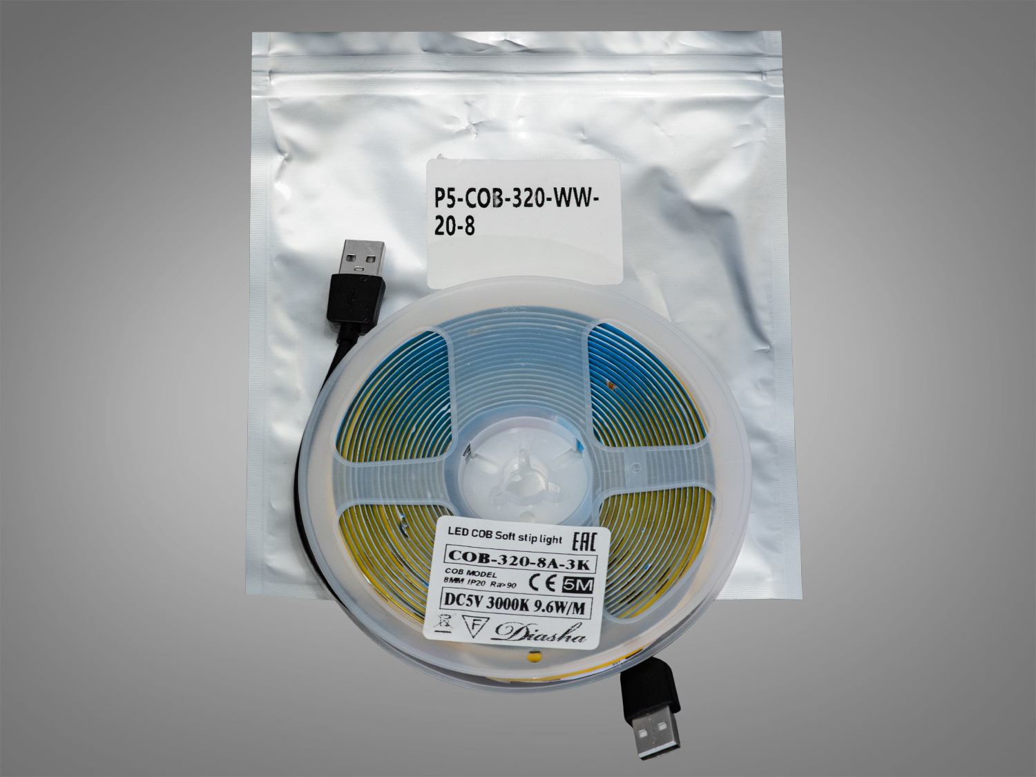 COB LED стрічка 5В з USB, 320 діодів на метр, 8мм, теплий