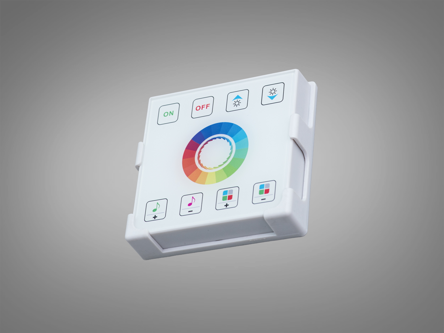 Настінний сенсорний пульт управління освітленням з кольоровим кільцем і кнопками для регулювання яскравості та режимів.