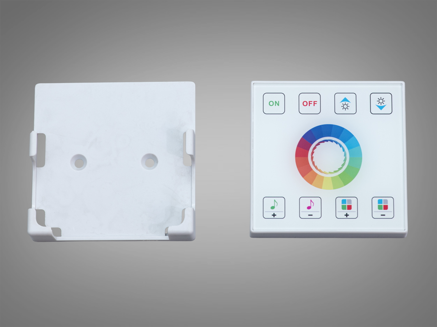 Комплект сенсорного пульта з основою для настінного монтажу. Кольорове кільце для вибору режимів освітлення.