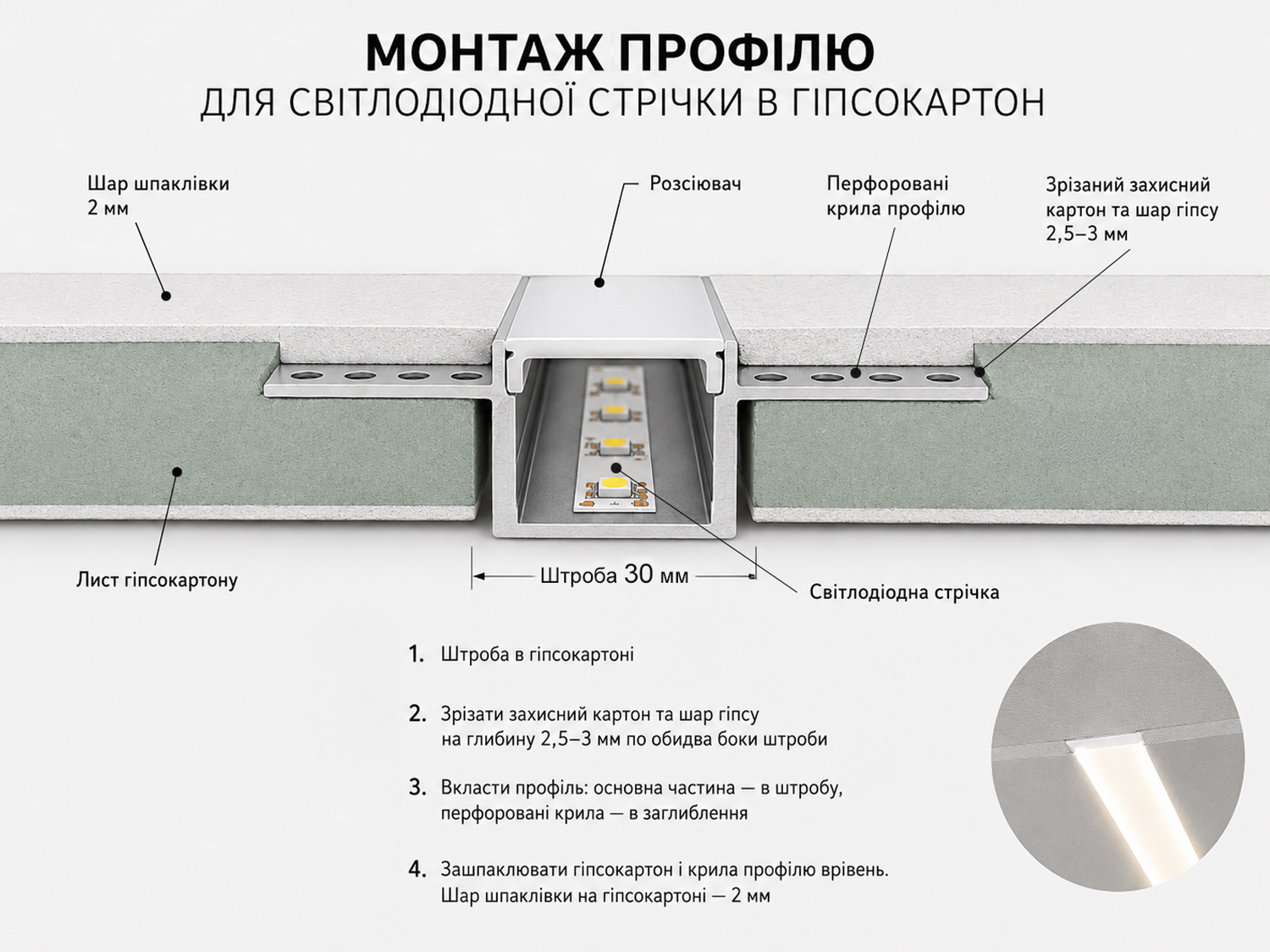 Профіль LED врізний під штукатурку 1 м 62x14 мм