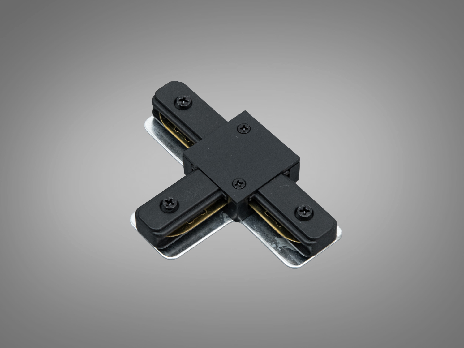 З′єднувач у формі хреста для трекових систем освітлення, чорний корпус, для кріплення в сучасних інтер′єрах.