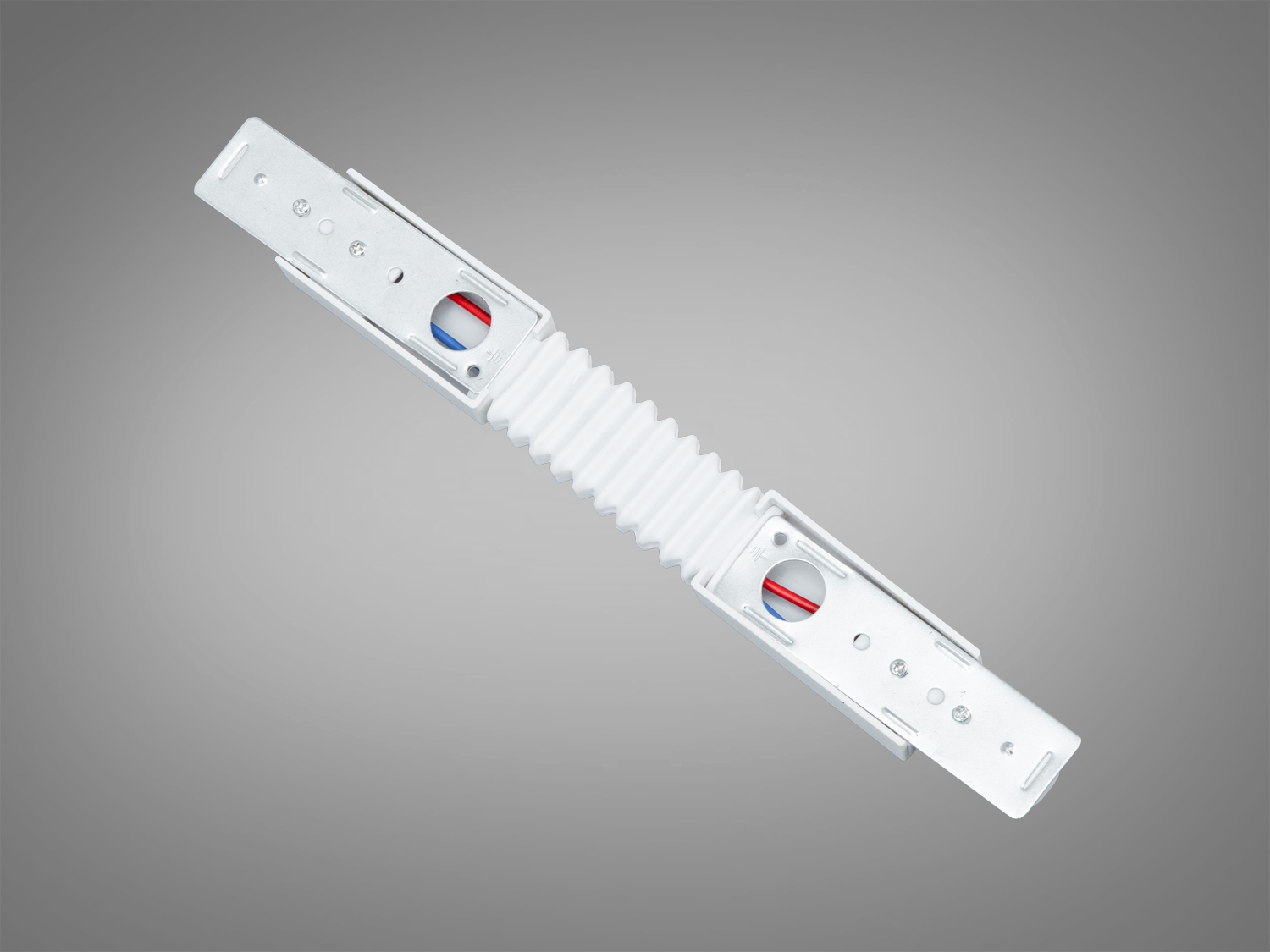 Гнучкий з′єднувач з металевими контактами для трекових світильників, білий, підходить для різних типів монтажу.