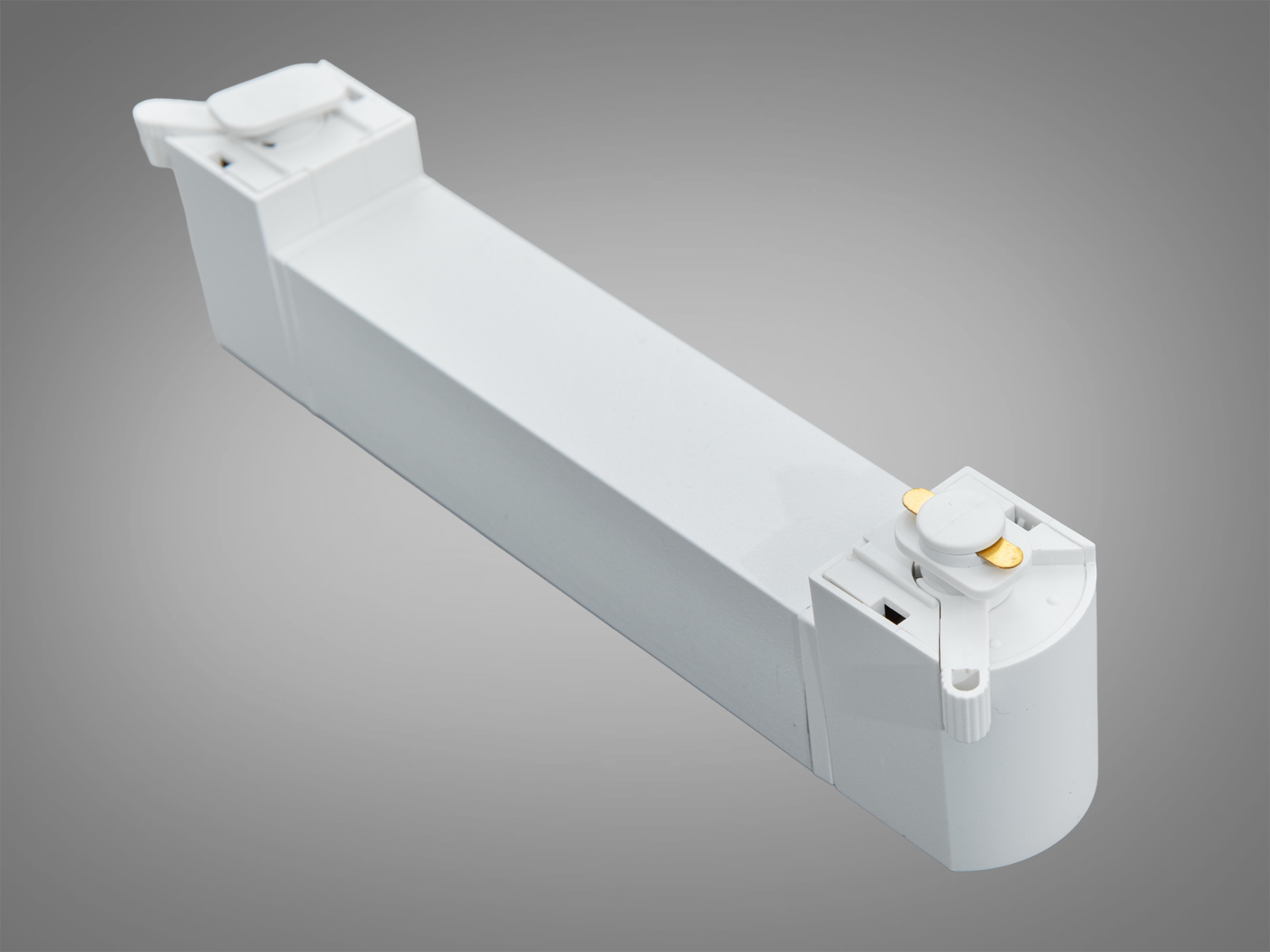 Світлодіодний трековий світильник з білими кріпленнями, прямокутний дизайн, підходить для інтеграції в сучасні інтер′єри.