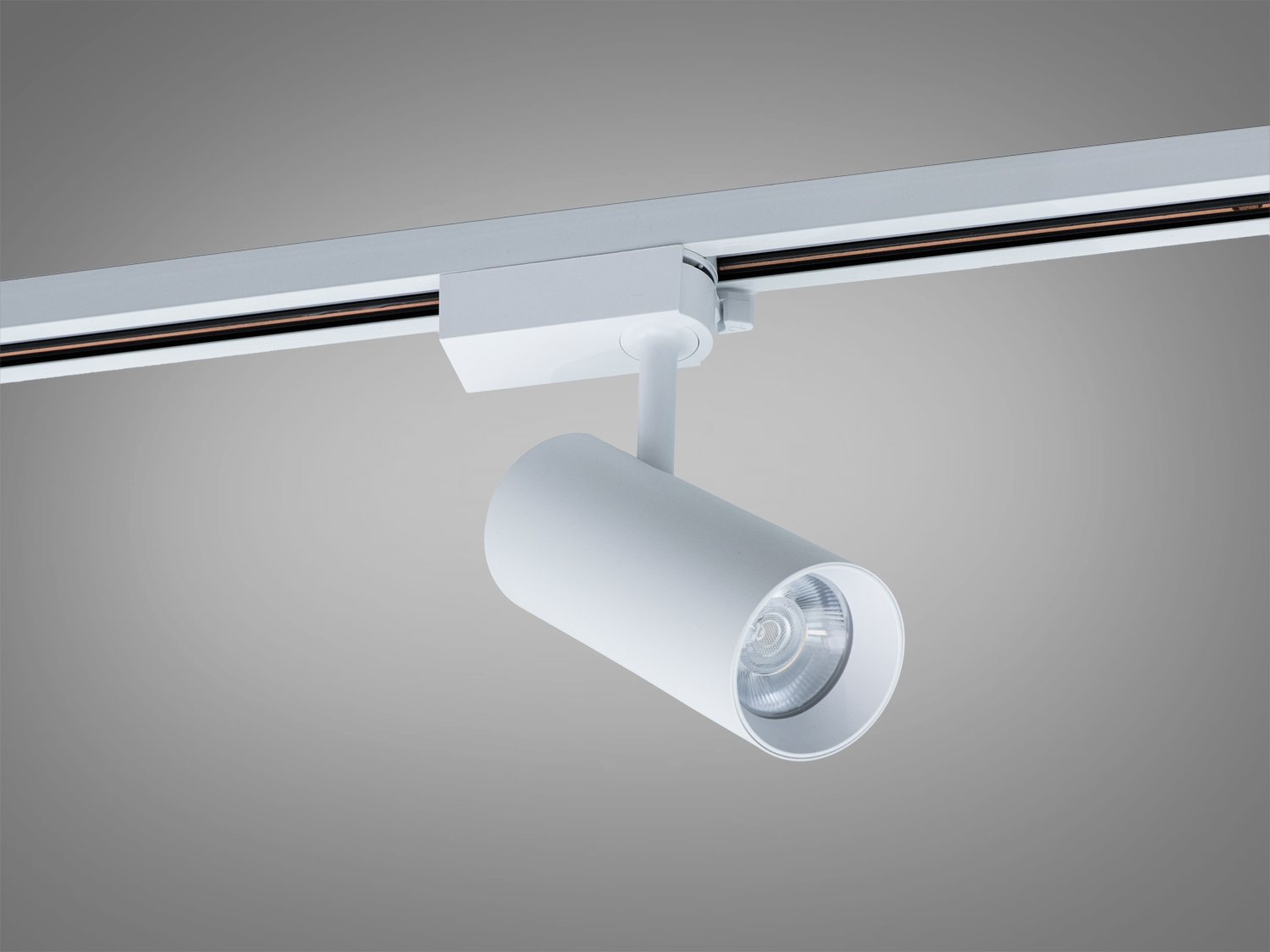 Трековий світильник з білим циліндричним корпусом і видимою лампою, закріплений на стельовій рейці, підходить для акцентного освітлення.