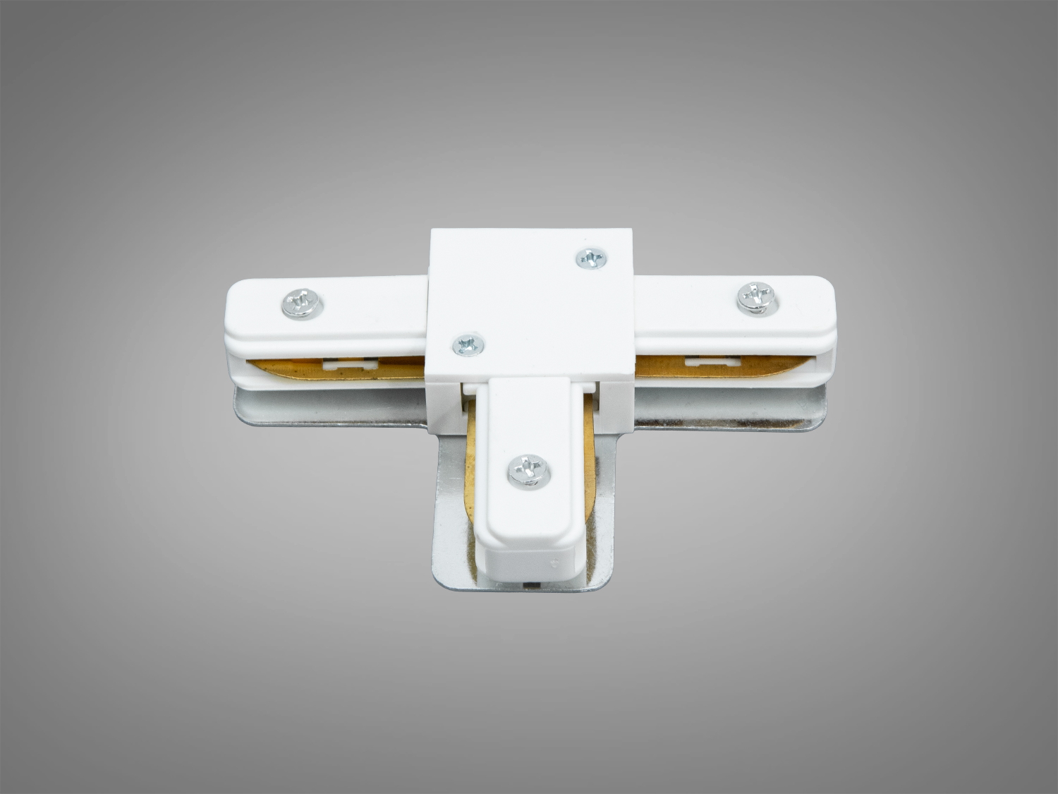 Білий Т-подібний з’єднувач серії 1209 для трекових систем 220 В. Метал і пластик, фіксація гвинтами, компактний вузол для створення Т-перехресть.