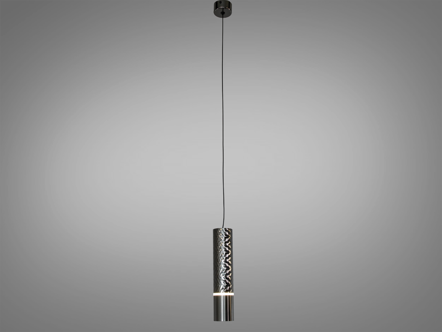 Світильник на довгому підвісі з циліндричним металевим корпусом. Ідеальний для високих стель і сучасних просторів.