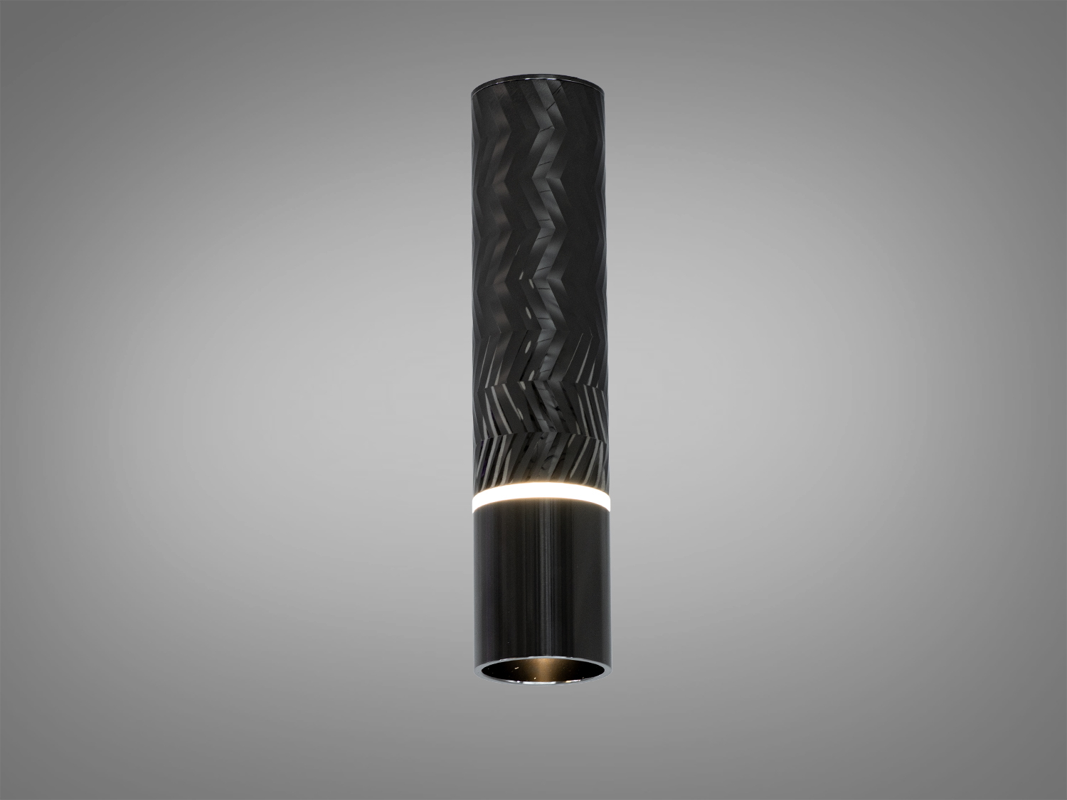 Циліндричний підвісний світильник з текстурованим чорним корпусом, що підходить для сучасних інтер′єрів. Випромінює м′яке світло для комфортного освітлення.