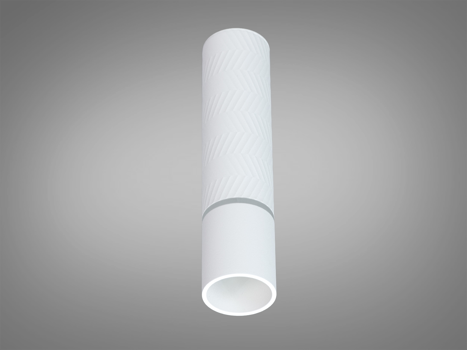 Білий циліндричний світильник з рельєфним візерунком, призначений для стельового монтажу в сучасних інтер′єрах.