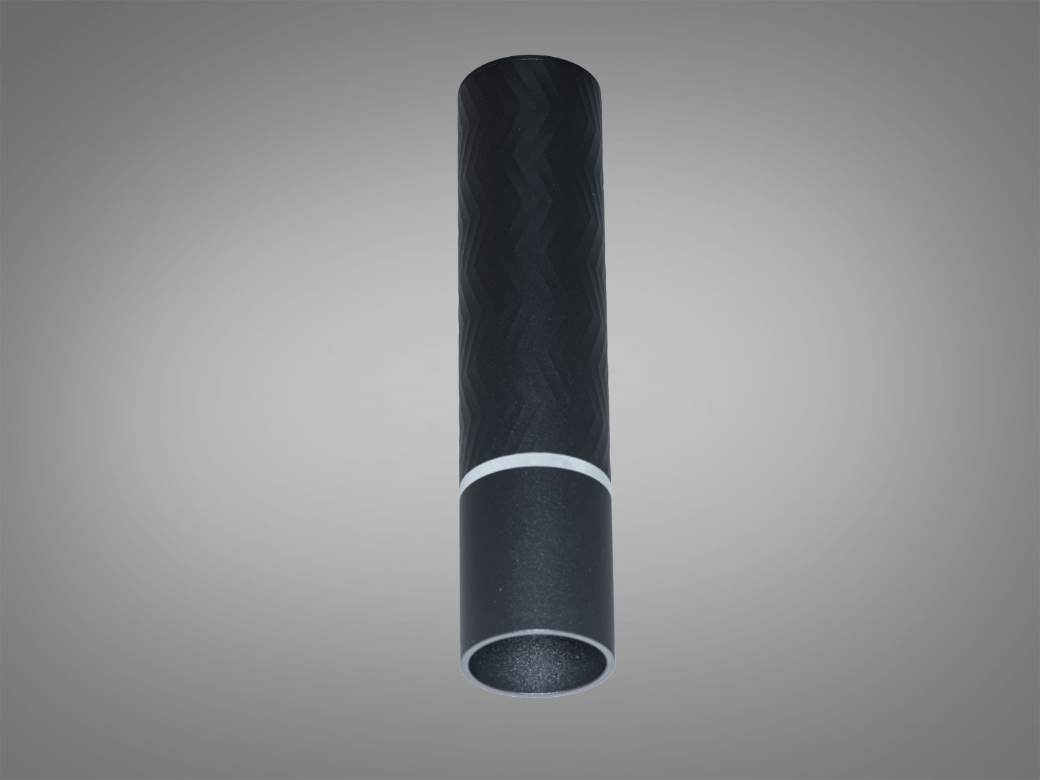 Циліндричний світильник чорного кольору з текстурою, призначений для стельового монтажу. Ідеально підходить для сучасного інтер′єру.