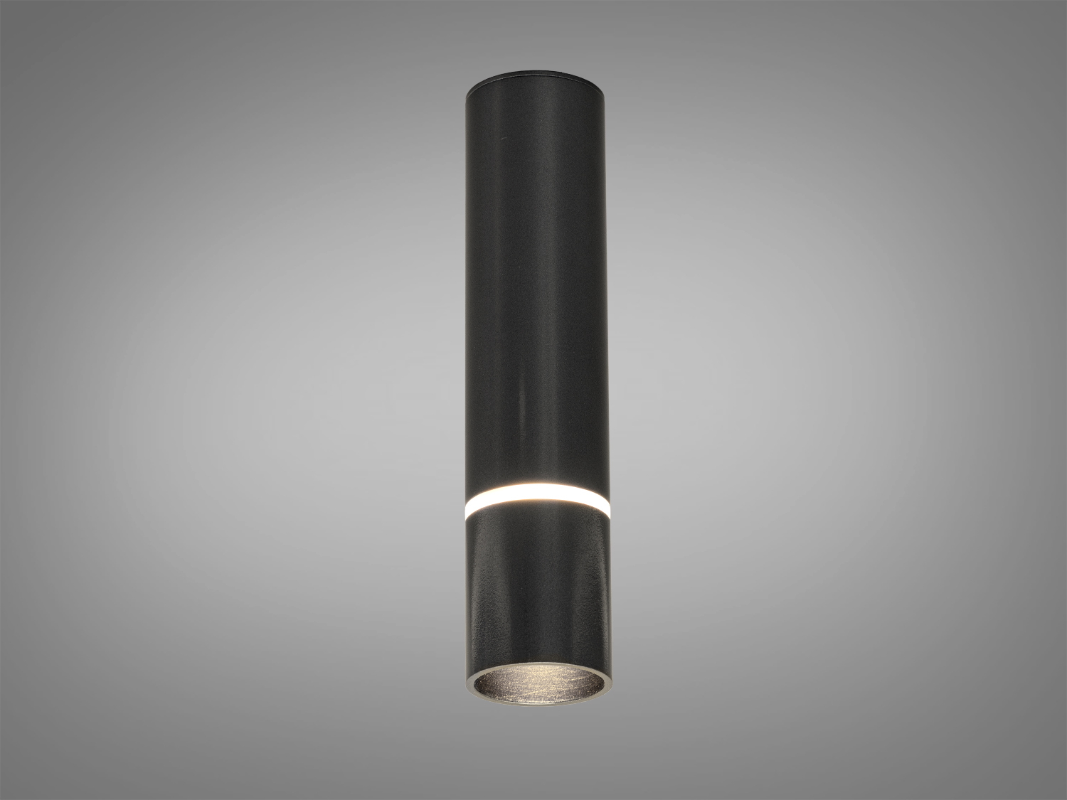 Циліндричний підвісний світильник чорного кольору з металу, розсіює світло вниз, підходить для сучасного інтер′єру.