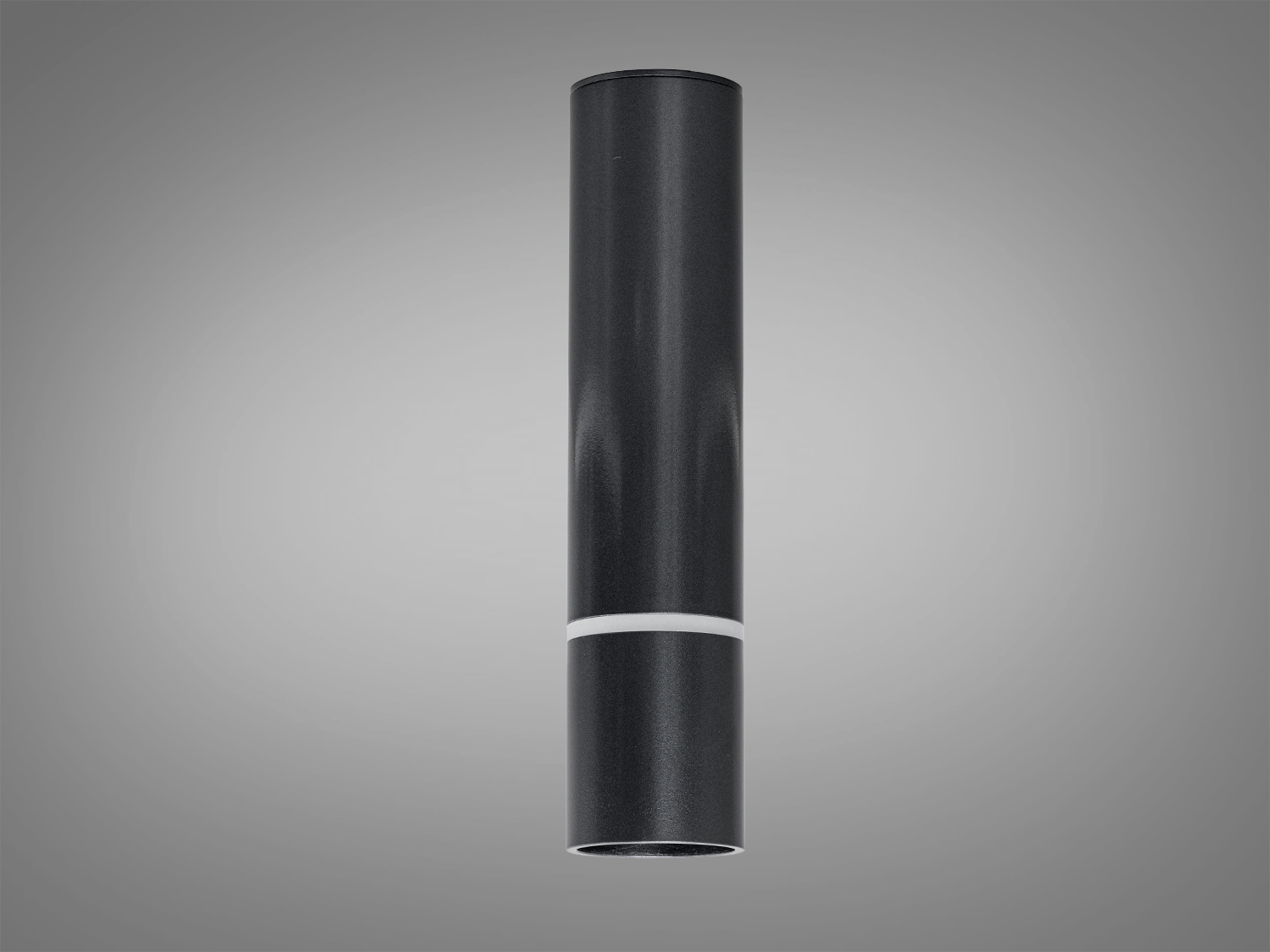 Чорний циліндричний світильник для стелі, виготовлений з металу, має лаконічний дизайн, ідеально підходить для мінімалістичних просторів.