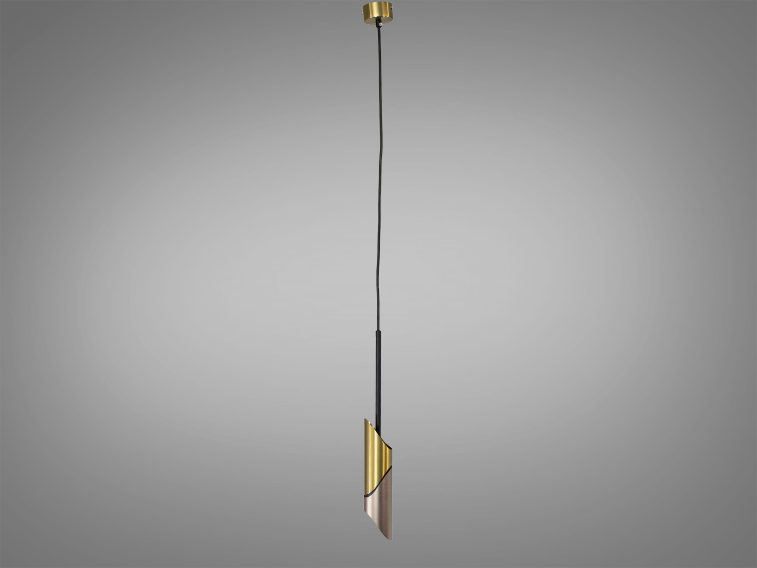 Підвісний світильник на довгому шнурі з чорного металу, вигнута форма з золотистим акцентом. Ідеальний для високих стель.