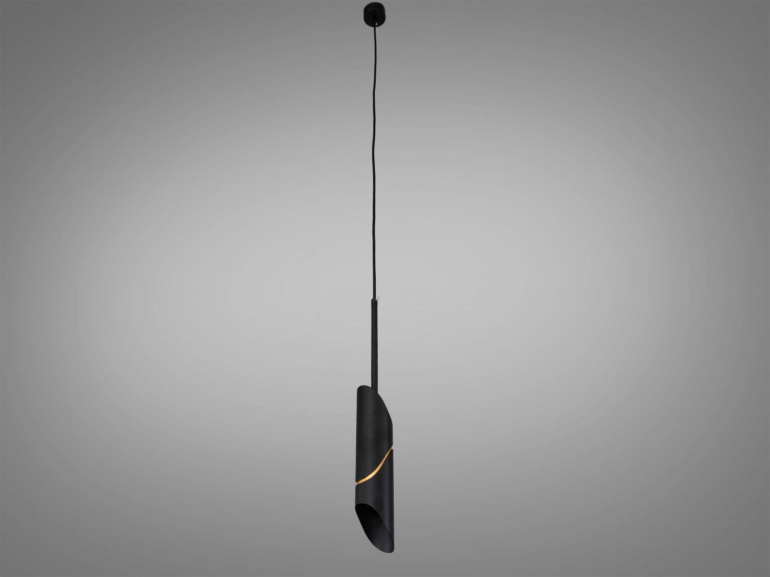 Підвісний світильник на довгому шнурі з чорного металу, вигнута форма з золотистим акцентом. Ідеальний для високих стель.