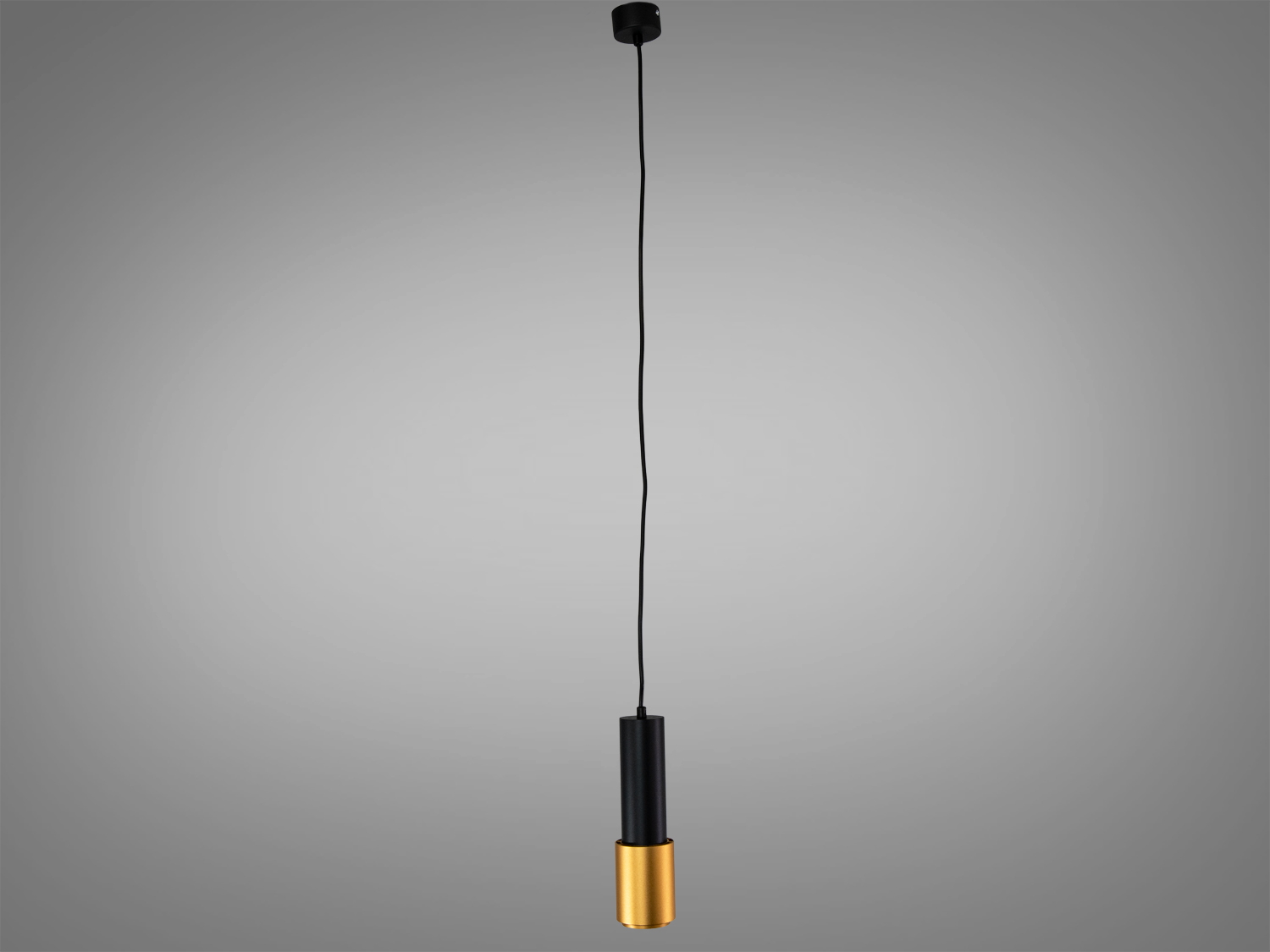 Чорний підвісний світильник з металу, має вигнуту форму та золотисту смугу. Підходить для акцентного освітлення.