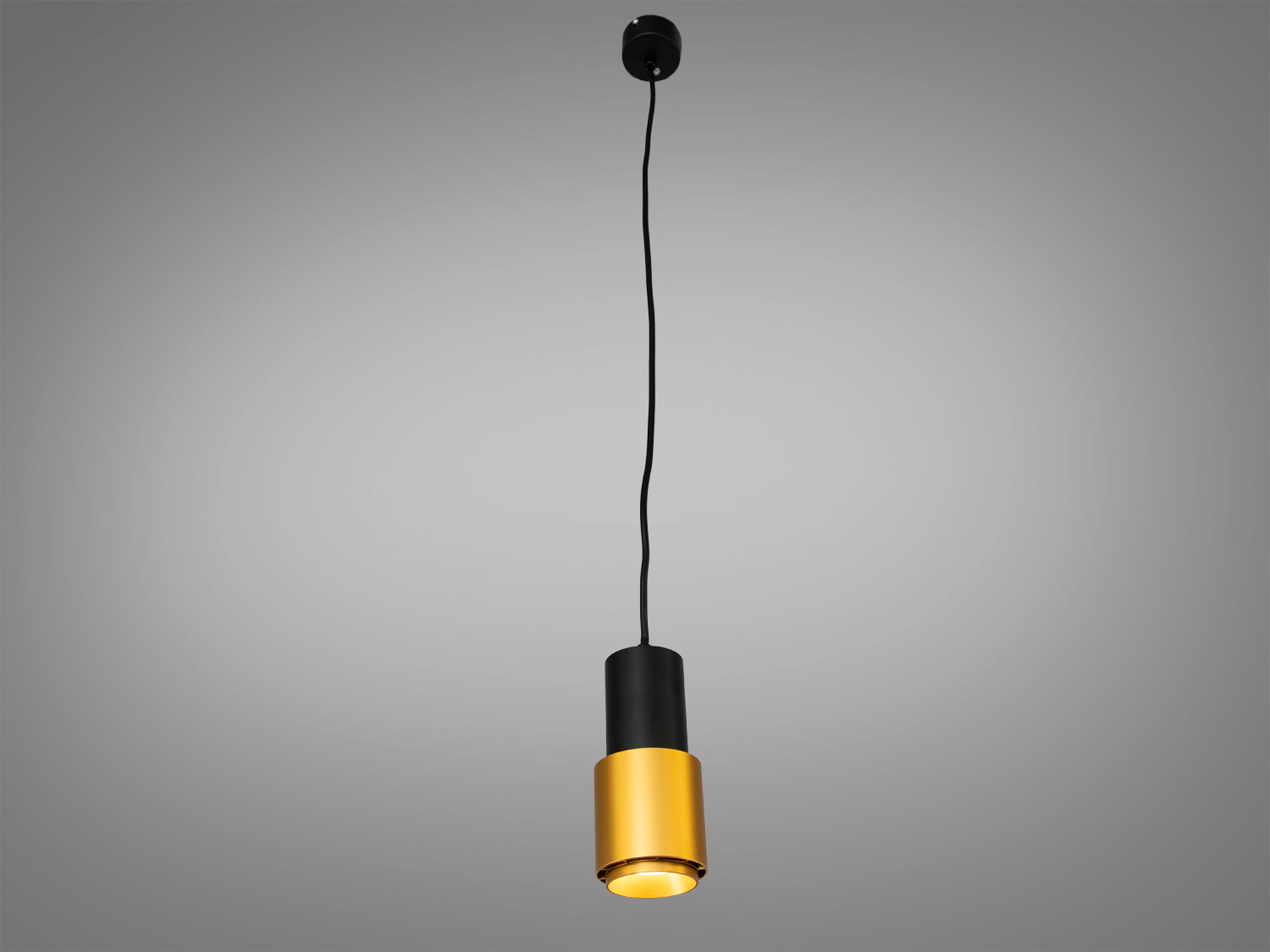 Підвісний світильник на довгому шнурі з чорного металу, вигнута форма з золотистим акцентом. Ідеальний для високих стель.
