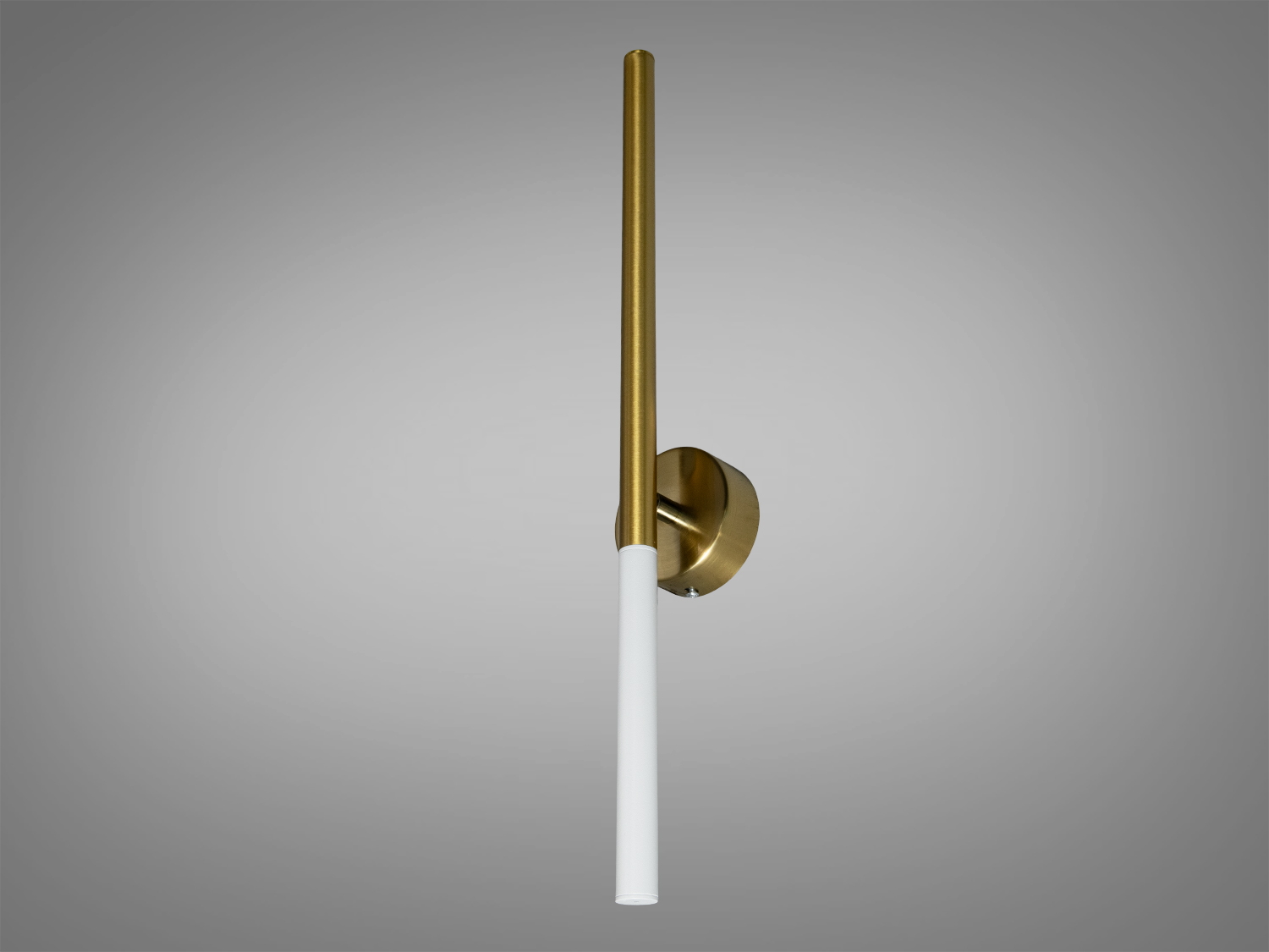 Світильник з круглою основою та вертикальною трубкою, виконаний у золотому та білому кольорах, підходить для настінного монтажу.