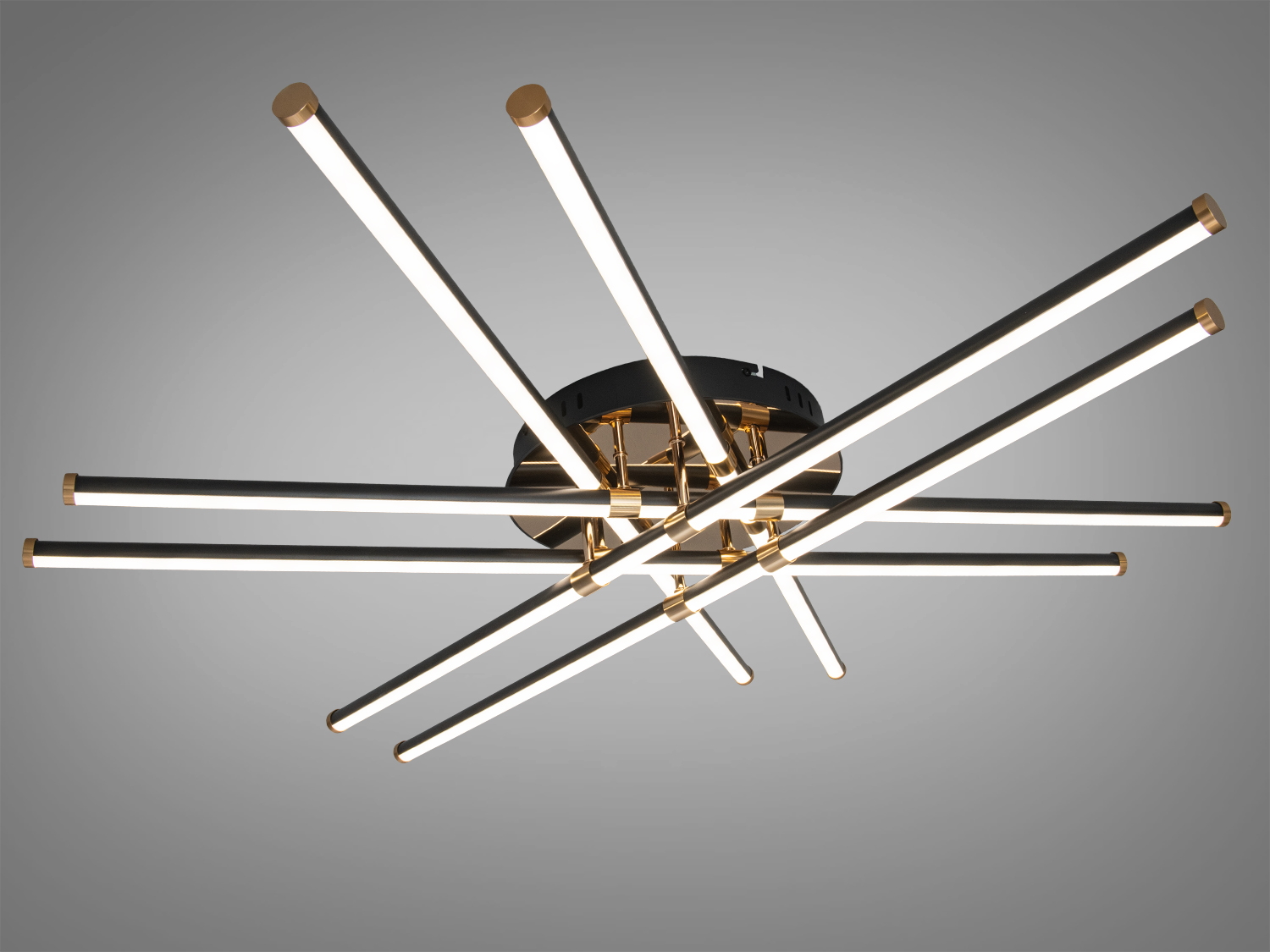 Стельовий світильник з горизонтальними світлодіодними трубками. Підходить для просторих приміщень з високими стелями.