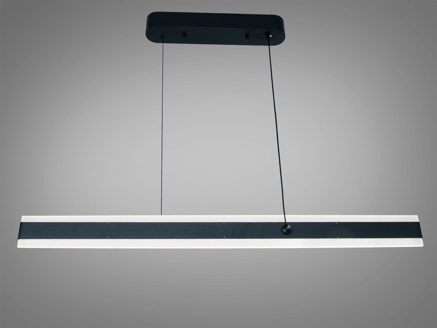 Підвісний світильник, чорний корпус, біле світло, підходить для кухні, кріплення на стелі, мінімалістичний дизайн, прямокутний профіль.